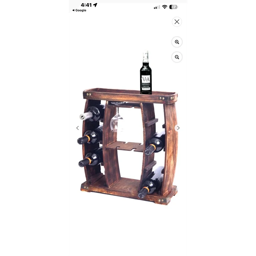Rustic Wooden Wine Rack Barrel Design 8 Bottle Holder with Glassware Storage